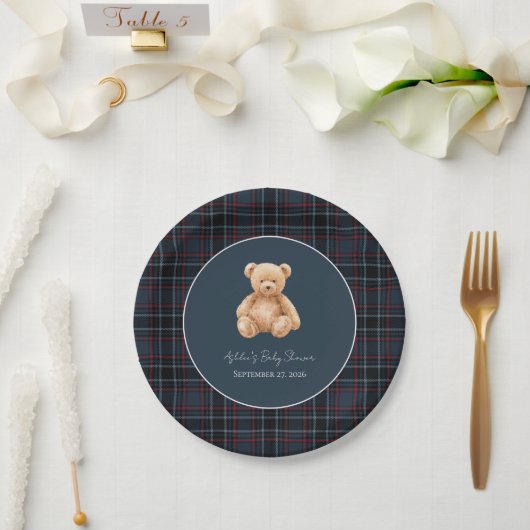Preppy Classic Teddy Bear Baby Shower ペーパープレート (ウェディング)