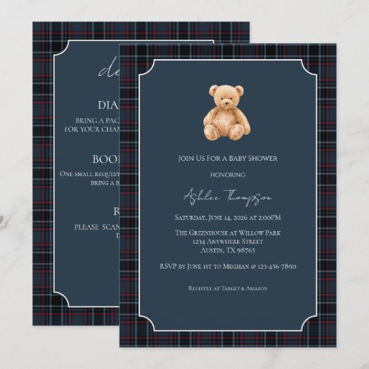 Preppy Classic Teddy Bear Baby Shower 招待状 (正面/裏面)
