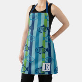 Preppy Coastal Fish Green Blue Stripe エプロン (インサイチュ)