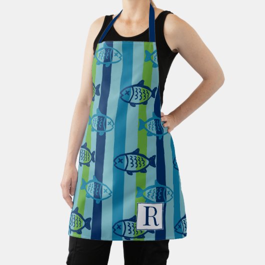 Preppy Coastal Fish Green Blue Stripe エプロン (インサイチュ)