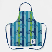 Preppy Coastal Fish Green Blue Stripe エプロン (正面)