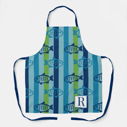 Preppy Coastal Fish Green Blue Stripe エプロン (正面)