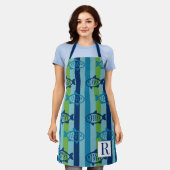 Preppy Coastal Fish Green Blue Stripe エプロン (着用した状態)