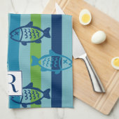Preppy Coastal Fish Green Blue Stripe キッチンタオル (四つ折り)