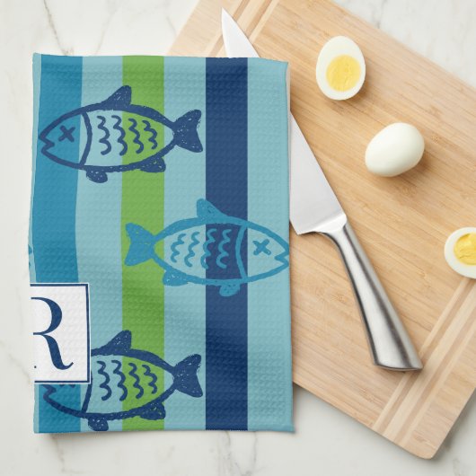 Preppy Coastal Fish Green Blue Stripe キッチンタオル (四つ折り)