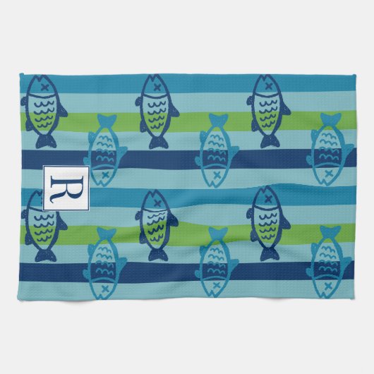 Preppy Coastal Fish Green Blue Stripe キッチンタオル (横)