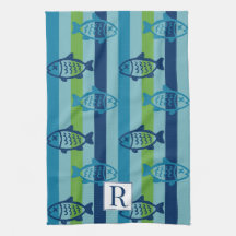 Preppy Coastal Fish Green Blue Stripe