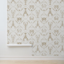 Preppy Coastal Lobsters and Crabs in Sandy Beige 壁紙