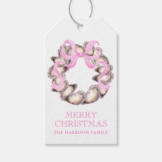 Preppy Coastal Oyster Bow Wreath Christmas ギフトタグ (正面)