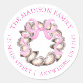 Preppy Coastal Oyster Bow Wreath Christmas Address ラウンドシール (正面)