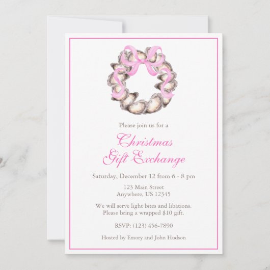 Preppy Coastal Oyster Bow Wreath Christmas Party 招待状 (正面)