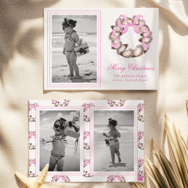 Preppy Coastal Oyster Bow Wreath Photo Holiday シーズンカード