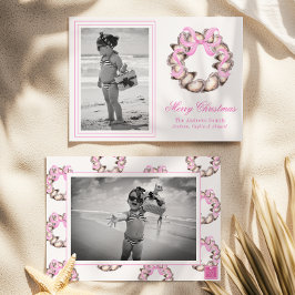 Preppy Coastal Oyster Bow Wreath Photo Holiday シーズンカード