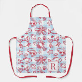 Preppy Coastal Seafood Gingham Kitchen Decor エプロン (正面)