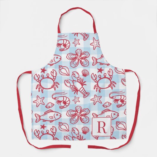 Preppy Coastal Seafood Gingham Kitchen Decor エプロン (正面)