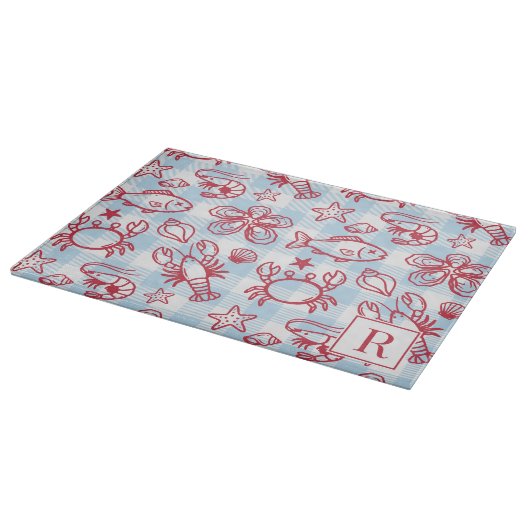 Preppy Coastal Seafood Gingham Kitchen Decor カッティングボード (角)