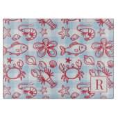 Preppy Coastal Seafood Gingham Kitchen Decor カッティングボード (正面)