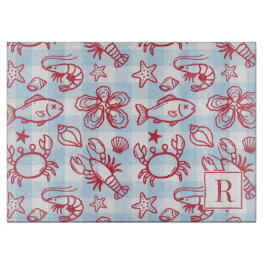 Preppy Coastal Seafood Gingham Kitchen Decor カッティングボード