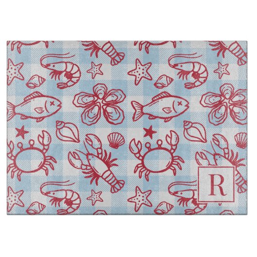 Preppy Coastal Seafood Gingham Kitchen Decor カッティングボード (正面)