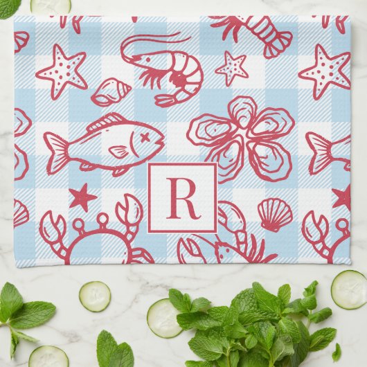 Preppy Coastal Seafood Gingham Kitchen Decor キッチンタオル (折り畳み)