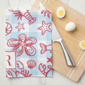 Preppy Coastal Seafood Gingham Kitchen Decor キッチンタオル (四つ折り)