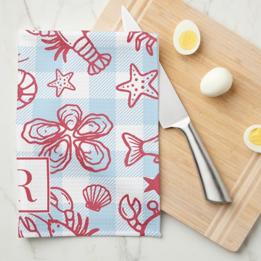 Preppy Coastal Seafood Gingham Kitchen Decor キッチンタオル (四つ折り)