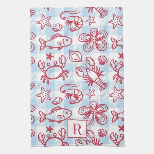 Preppy Coastal Seafood Gingham Kitchen Decor キッチンタオル (縦)