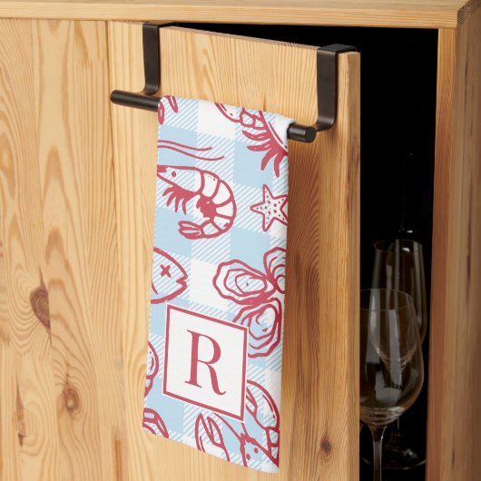 Preppy Coastal Seafood Gingham Kitchen Decor キッチンタオル (三つ折り)