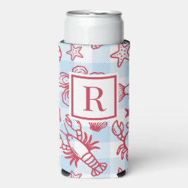 Preppy Coastal Seafood Gingham Kitchen Decor スリム缶クーラー