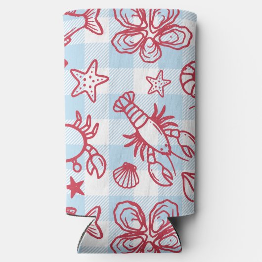 Preppy Coastal Seafood Gingham Kitchen Decor スリム缶クーラー (裏面)