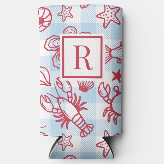 Preppy Coastal Seafood Gingham Kitchen Decor スリム缶クーラー (正面)