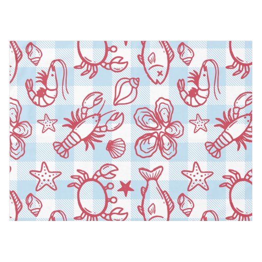 Preppy Coastal Seafood Gingham Kitchen Decor テーブルクロス (正面(横))