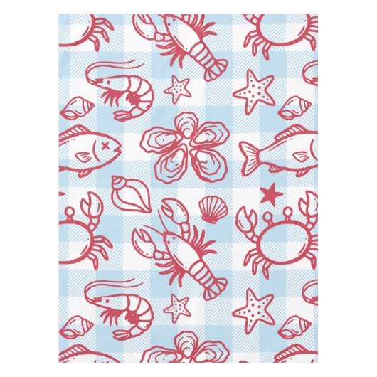 Preppy Coastal Seafood Gingham Kitchen Decor テーブルクロス (正面)