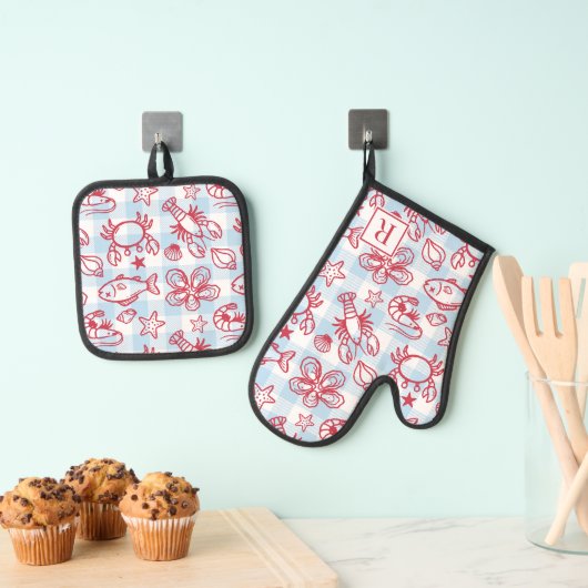 Preppy Coastal Seafood Gingham Kitchen Decor 鍋つかみ&鍋敷きセット (インサイチュ (吊り下げ))
