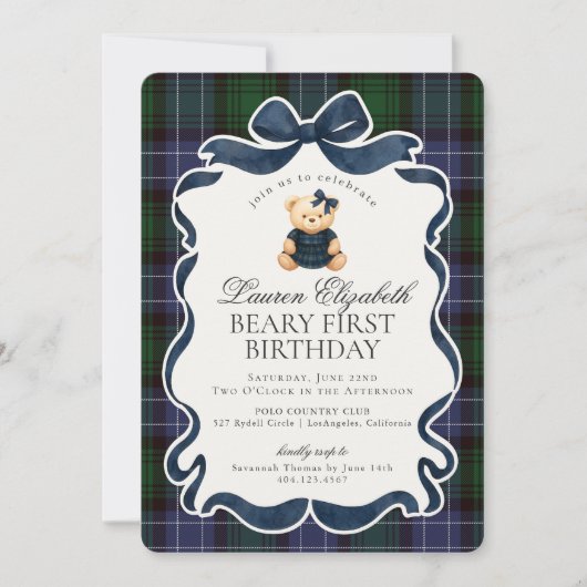 Preppy Coquette Bow Bear Beary First Birthday 招待状 (正面)