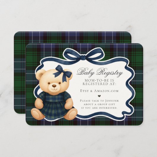 Preppy Coquette Bow Bear Plaid Baby Registry Card エンクロージャーカード (正面/裏面)