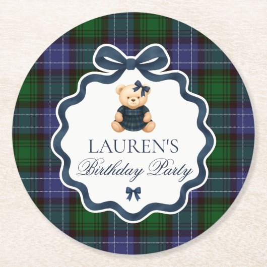 Preppy Coquette Bow Bear Plaid Birthday  ラウンドペーパーコースター (正面)
