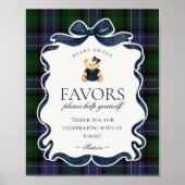 Preppy Coquette Bow Bear Plaid Party Favors Sign ポスター (正面)