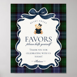 Preppy Coquette Bow Bear Plaid Party Favors Sign ポスター