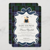 Preppy Coquette Bow Bear Tartan Plaid Baby Shower 招待状 (正面/裏面)