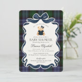 Preppy Coquette Bow Bear Tartan Plaid Baby Shower 招待状 (スタンド正面)