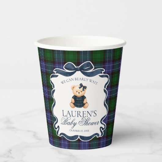 Preppy Coquette Bow Bear Tartan Plaid Baby Shower 紙コップ (正面)