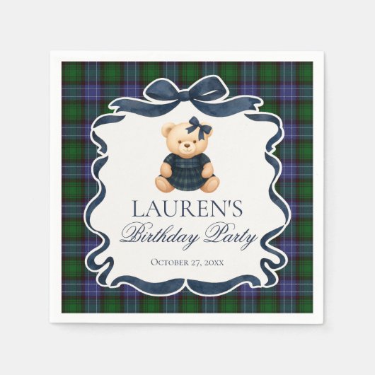 Preppy Coquette Bow Bear Tartan Plaid Birthday スタンダードカクテルナプキン (正面)