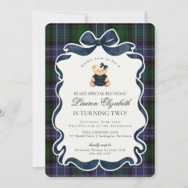 Preppy Coquette Bow Bear Tartan Plaid Birthday 招待状