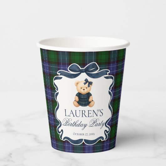 Preppy Coquette Bow Bear Tartan Plaid Birthday 紙コップ (裏面)