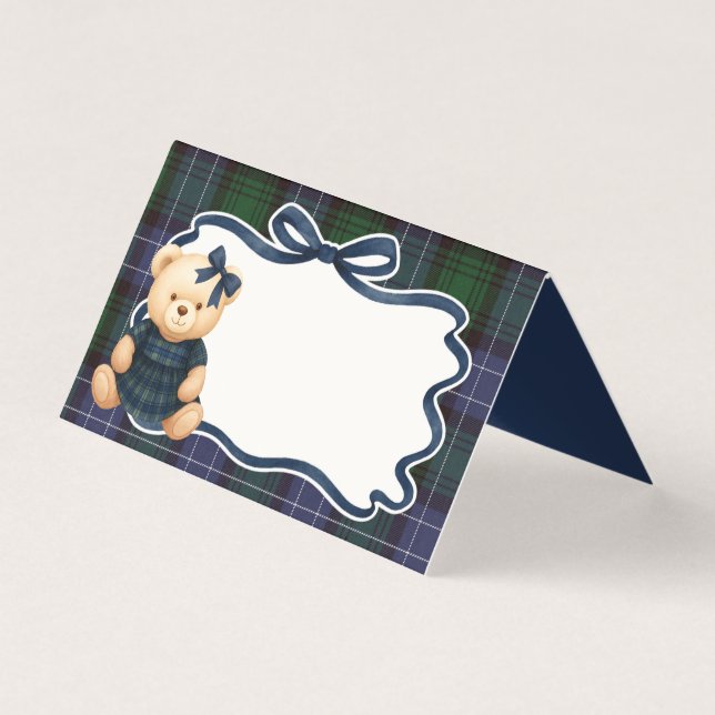 Preppy Coquette Bow Bear Tartan Plaid Place Card (正面)