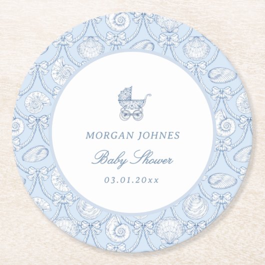 Preppy Couquette Coastal Baby Shower ラウンドペーパーコースター (正面)