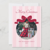 Preppy Cute Bow Striped Photo Christmas シーズンカード (正面)