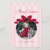 Preppy Cute Bow Striped Photo Christmas シーズンカード (正面/裏面)