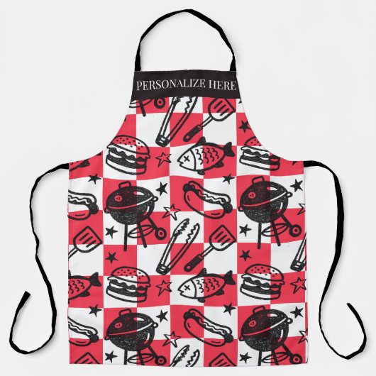 Preppy Dad Grilling Pattern – BBQ Doodles (Check) エプロン (正面)